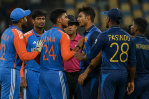 India A and Sri Lanka A players exchange words after a dramatic Super Over finish.