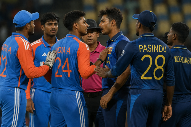 India A and Sri Lanka A players exchange words after a dramatic Super Over finish.
