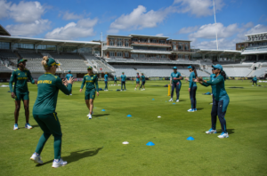 Generic South Africa and Bangladesh women players warming up before their Women's T20 World Cup match at Lord's.