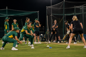 South Africa Women and New Zealand Women train under lights ahead of a major ICC tournament match.