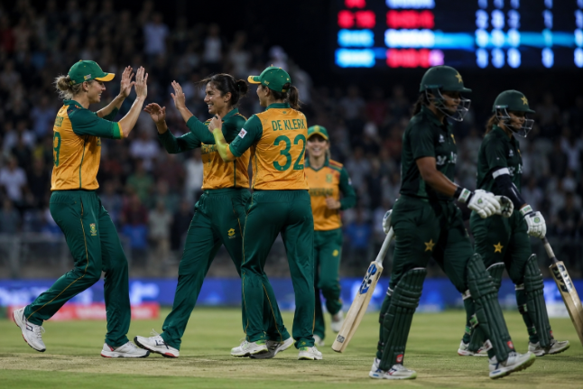 South Africa Women celebrate a breakthrough against Pakistan Women during the T20 World Cup.