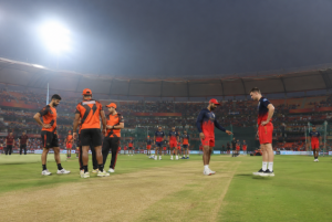SRH and RCB players inspect Hyderabad conditions before a crucial IPL 2026 playoff race clash.
