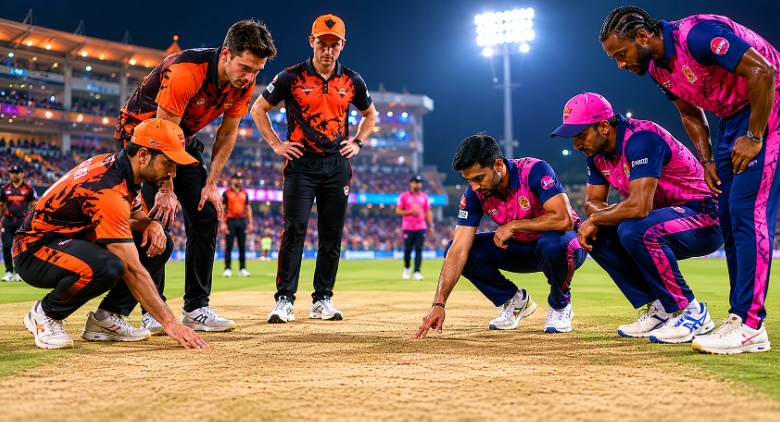 IPL cricketers inspect conditions before the SRH vs RR Eliminator as betting markets react to toss and dew forecasts.