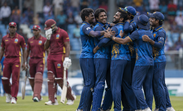 Sri Lanka players celebrate after completing a 3-0 ODI series sweep against West Indies.
