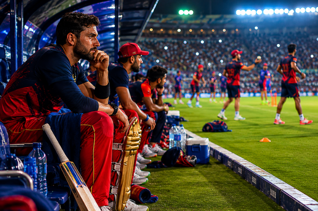 RCB-style batter watches from the dugout as Tim David suspension affects IPL 2027 betting markets.