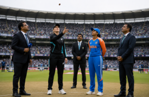 Cricket captains and officials during a pre-match toss before an international match.