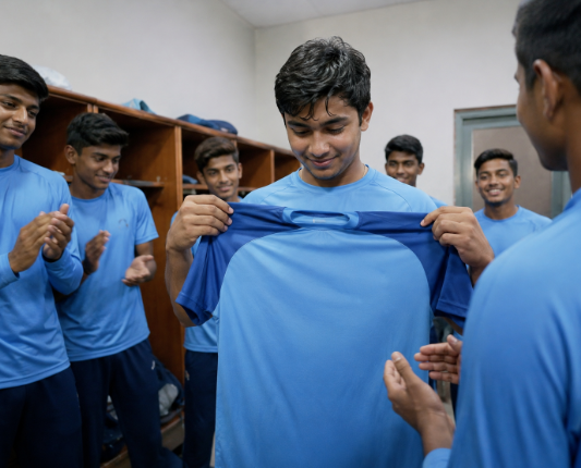 Young Indian cricketer receives his first national team jersey before international duty.