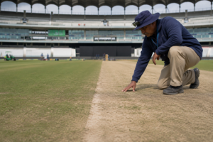 A cricket curator inspects a pitch before an international match as venue conditions influence betting markets.