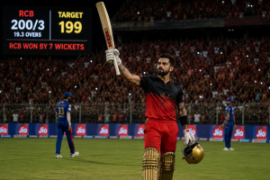 Generic Bengaluru batter celebrates after a major IPL innings during the Orange Cap race.