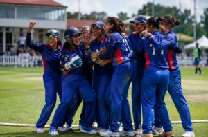 Women's cricket players celebrate qualification for the 2026 Women's T20 Asia Cup.